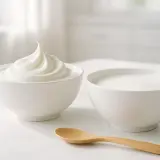 Due ciotole bianche su un tavolo di marmo: una con panna montata, l'altra con yogurt. Perfetto per chi pensa: "Posso sostituire la panna con lo yogurt greco".