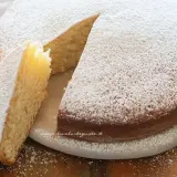 Torta soffice senza uova, cosparsa di zucchero a velo, con una fetta tagliata che ne mostra l'interno dorato.