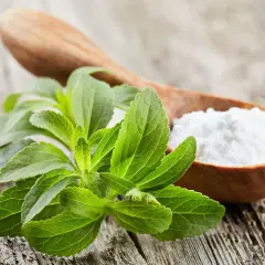Foglie verdi di stevia accanto a un cucchiaio di legno con polvere bianca. Una dolce alternativa: quanta stevia al posto dello zucchero!