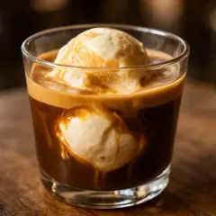Un bicchiere di vetro con gelato al caffè espresso, con palline di gelato che si sciolgono nel caffè scuro e cremoso.