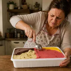 Donna con grembiule serve gelati molli nel freezer, in un contenitore con gusti diversi: cioccolato, pistacchio, fragola e limone.