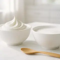Due ciotole bianche su un tavolo di marmo: una con panna montata, l'altra con yogurt. Perfetto per chi pensa: "Posso sostituire la panna con lo yogurt greco".