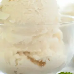 Coppa di gelato alla vaniglia, preparato con panna scremata, guarnita con foglioline di menta fresca.