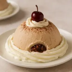 Delizioso spumoni ice cream a forma di cupola, guarnito con panna montata, una ciliegina e spolverata di cacao.