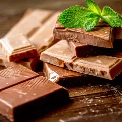 Pezzi di cioccolato al latte fatto in casa, alcuni impilati e decorati con una fogliolina di menta fresca.