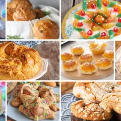 Collage di dolci pasquali: colomba, pastiera, casatiello, pasticcini e torte decorate.