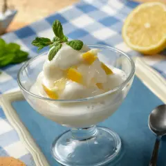 Sorbetto al limone, fresco e cremoso, preparato con la gelatiera, guarnito con menta e scorzette.