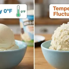 Gelato perfetto a 0°F, mentre quello con fluttuazioni di temperatura mostra cristalli di ghiaccio, segno di gelato sciolto in freezer.