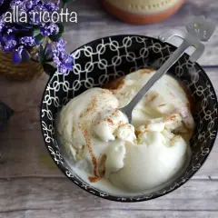 Gelato alla ricotta fatto in casa con gelatiera, servito in una ciotola con cannella.