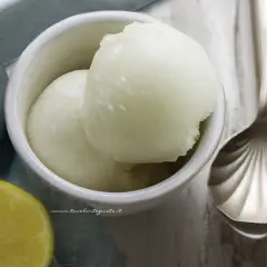 Delizioso sorbetto fatto in casa al limone, servito in una ciotola con una fetta di limone e un cucchiaio decorato.