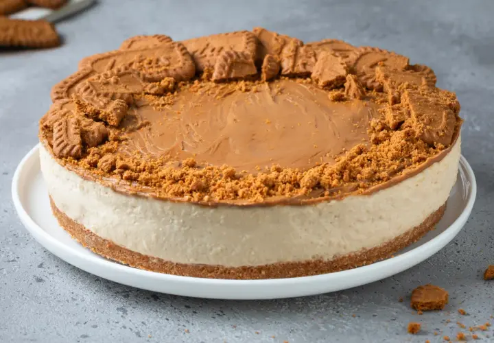 Una golosa torta Lotus, con crema e biscotti sbriciolati, pronta per essere gustata.