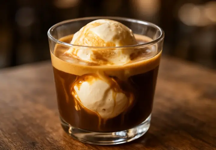Un bicchiere di vetro con gelato al caffè espresso, con palline di gelato che si sciolgono nel caffè scuro e cremoso.