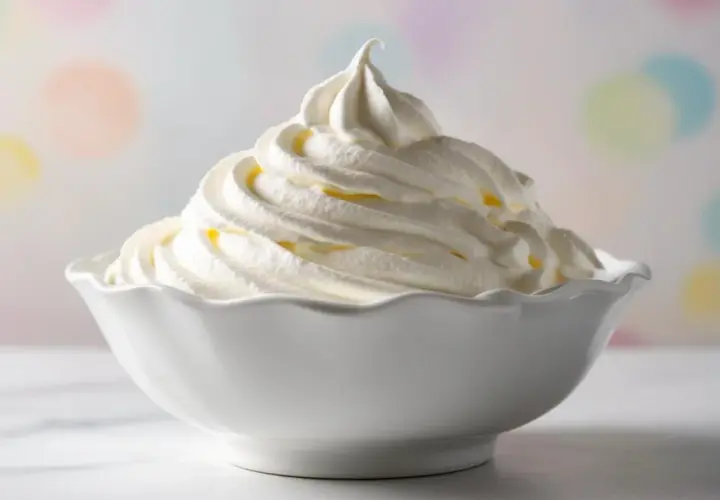 Panna fresca per dolci fatta in casa, montata a neve in una ciotola bianca, pronta per guarnire torte e dessert.