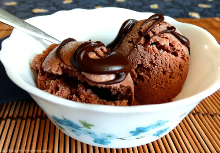 Due palline di gelato al cioccolato vegano, guarnite con sciroppo al cioccolato, in una ciotola bianca con fiori azzurri.