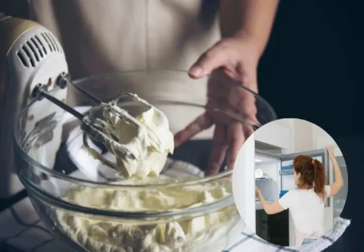 Panna montata in una ciotola, con un mixer. In un cerchio, una donna mette qualcosa in freezer prima di montarla.