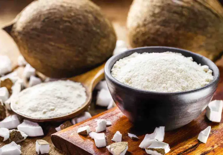 Cocco grattugiato in una ciotola e un cucchiaio, con noci di cocco intere e pezzi di cocco sullo sfondo. Ideale per sostituire la farina di cocco.