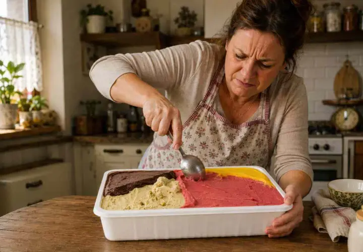Donna con grembiule serve gelati molli nel freezer, in un contenitore con gusti diversi: cioccolato, pistacchio, fragola e limone.