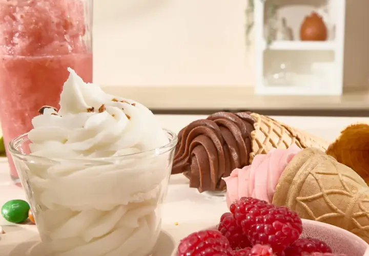 Un bicchiere di gelato sorbetto bianco, coni con gelato al cioccolato e fragola, lamponi freschi e una granita rosa.