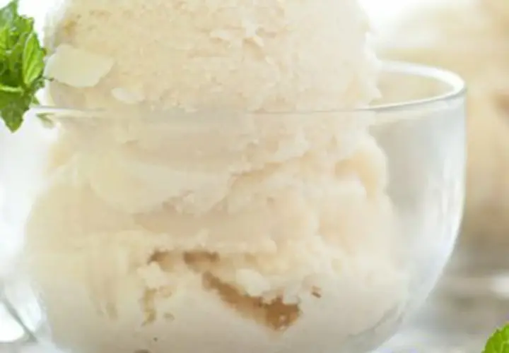 Coppa di gelato alla vaniglia, preparato con panna scremata, guarnita con foglioline di menta fresca.