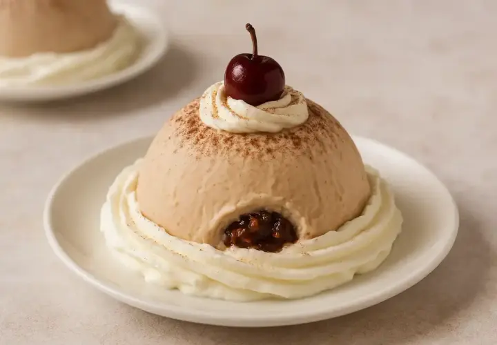 Delizioso spumoni ice cream a forma di cupola, guarnito con panna montata, una ciliegina e spolverata di cacao.