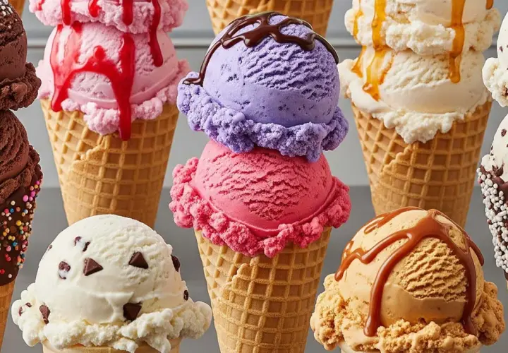 Una selezione di coni gelato colorati, tra cui cioccolato, fragola, vaniglia con gocce, caramello e viola. Questi sono alcuni dei gusti di gelato più mangiati.