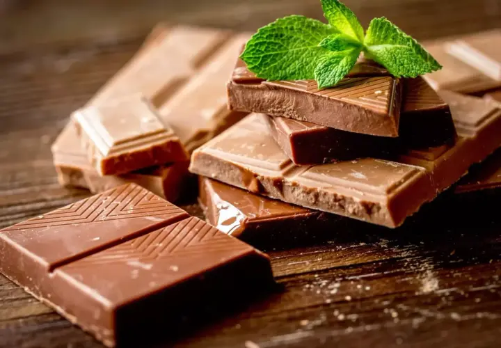 Pezzi di cioccolato al latte fatto in casa, alcuni impilati e decorati con una fogliolina di menta fresca.