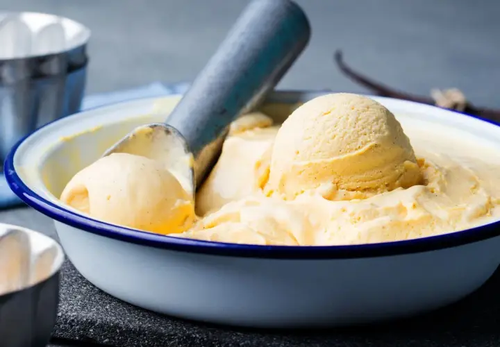 Ciotola di gelato alla vaniglia fatto in casa, con palline cremose e un mestolo. Perfetto per una calda giornata estiva.