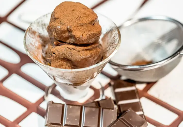 Coppetta di gelato al cioccolato spolverata di cacao, con tavolette di cioccolato e colino sullo sfondo.