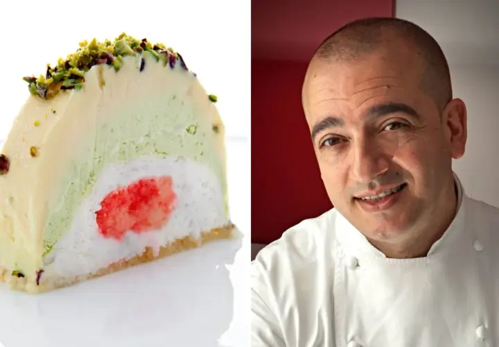 Una fetta di cassata siciliana gelato, con strati di gelato alla crema, pistacchio e un cuore rosso, accanto a un cuoco sorridente.