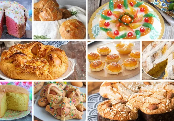 Collage di dolci pasquali: colomba, pastiera, casatiello, pasticcini e torte decorate.