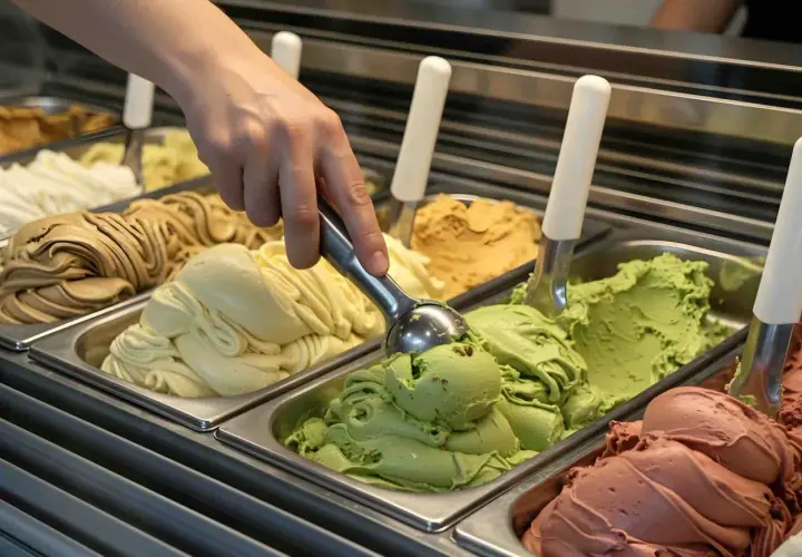 Mano che preleva il primo gusto di gelato inventato, un cremoso pistacchio, da una vaschetta piena di delizie.