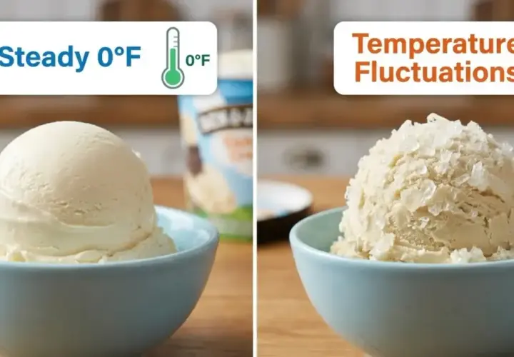 Gelato perfetto a 0°F, mentre quello con fluttuazioni di temperatura mostra cristalli di ghiaccio, segno di gelato sciolto in freezer.