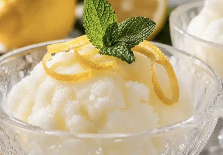 Sorbetto al limone con gelato, guarnito con scorza di limone e menta, in una coppetta di cristallo.