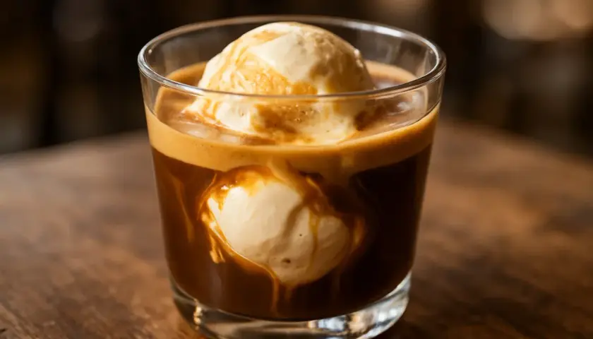 Un bicchiere di vetro con gelato al caffè espresso, con palline di gelato che si sciolgono nel caffè scuro e cremoso.