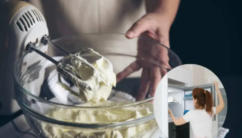 Panna montata in una ciotola, con un mixer. In un cerchio, una donna mette qualcosa in freezer prima di montarla.