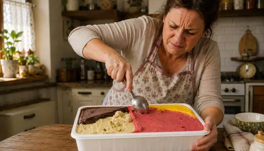 Donna con grembiule serve gelati molli nel freezer, in un contenitore con gusti diversi: cioccolato, pistacchio, fragola e limone.
