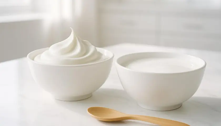 Due ciotole bianche su un tavolo di marmo: una con panna montata, l'altra con yogurt. Perfetto per chi pensa: "Posso sostituire la panna con lo yogurt greco".