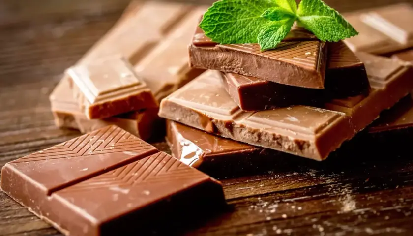 Pezzi di cioccolato al latte fatto in casa, alcuni impilati e decorati con una fogliolina di menta fresca.