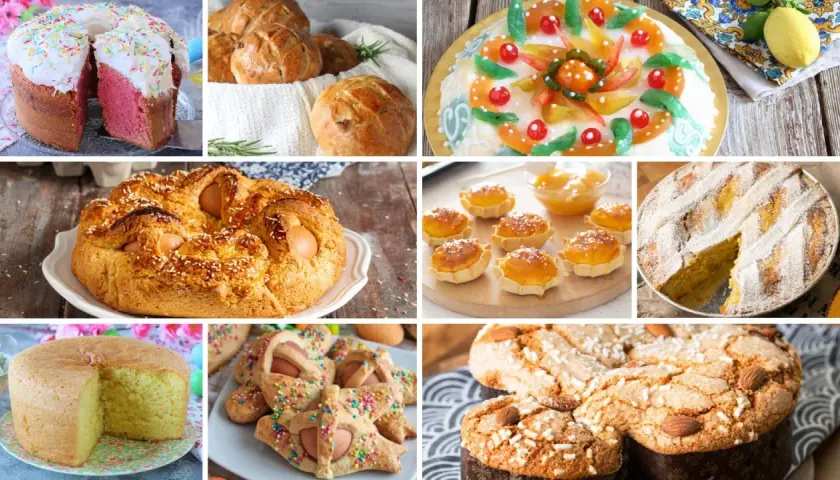 Collage di dolci pasquali: colomba, pastiera, casatiello, pasticcini e torte decorate.
