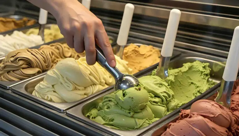 Mano che preleva il primo gusto di gelato inventato, un cremoso pistacchio, da una vaschetta piena di delizie.