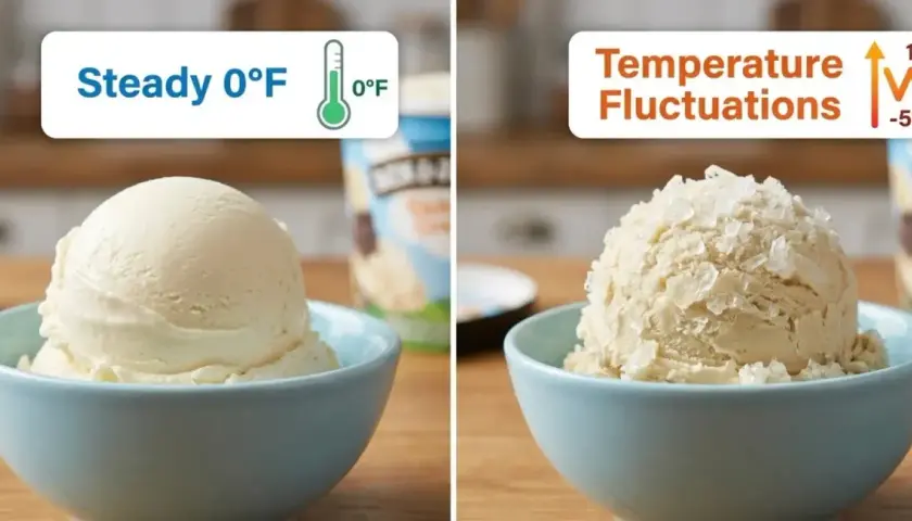 Gelato perfetto a 0°F, mentre quello con fluttuazioni di temperatura mostra cristalli di ghiaccio, segno di gelato sciolto in freezer.
