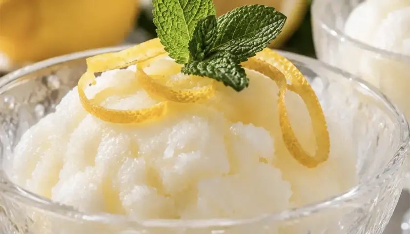Sorbetto al limone con gelato, guarnito con scorza di limone e menta, in una coppetta di cristallo.