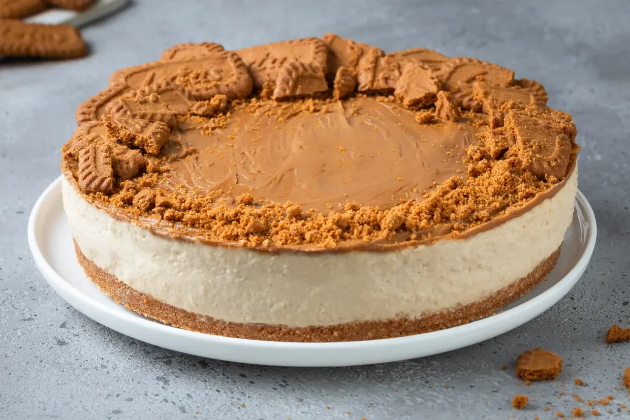 Una golosa torta Lotus, con crema e biscotti sbriciolati, pronta per essere gustata.