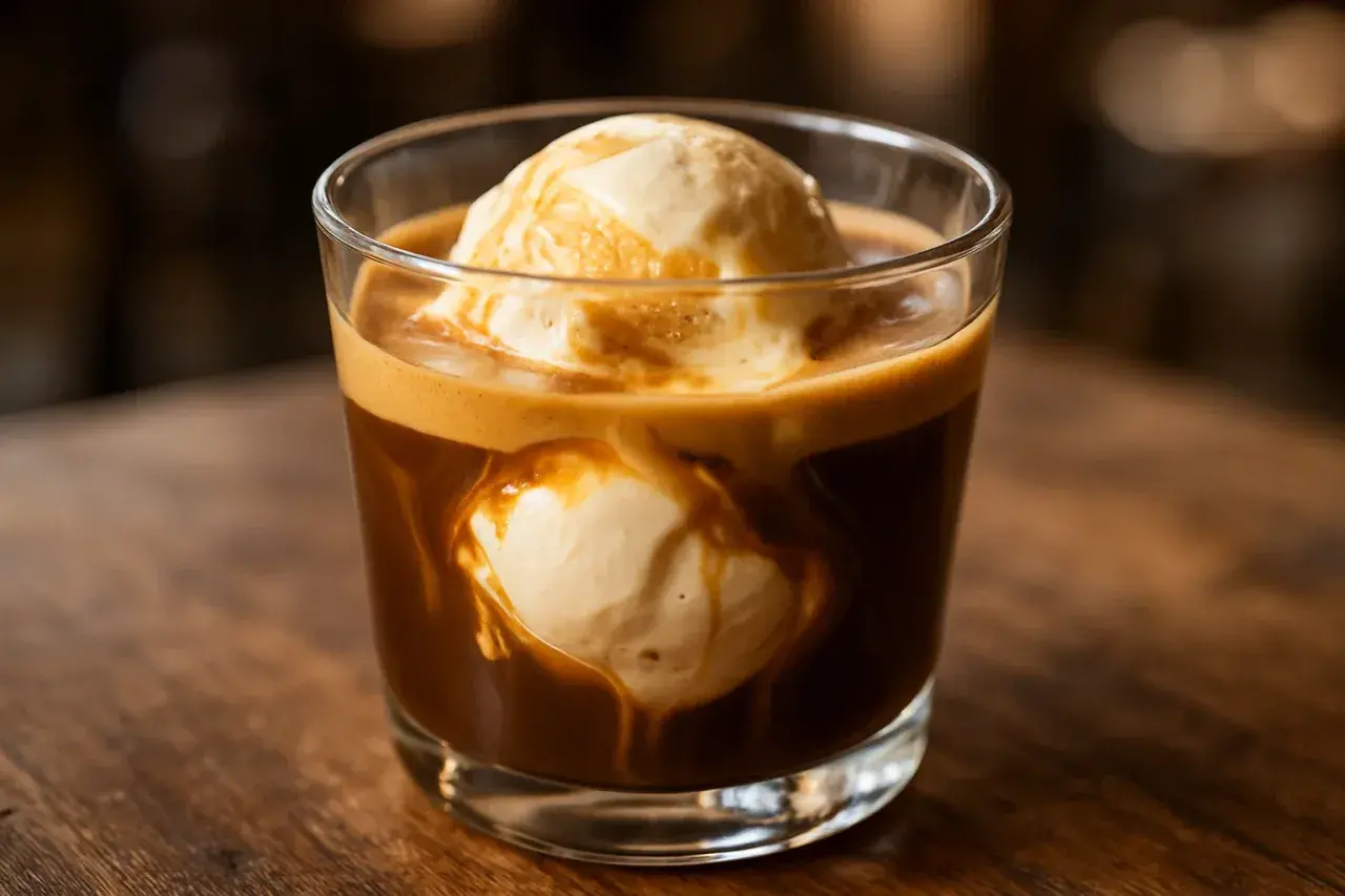 Un bicchiere di vetro con gelato al caffè espresso, con palline di gelato che si sciolgono nel caffè scuro e cremoso.