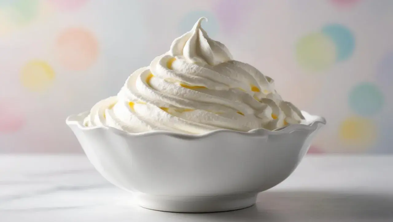 Panna fresca per dolci fatta in casa, montata a neve in una ciotola bianca, pronta per guarnire torte e dessert.