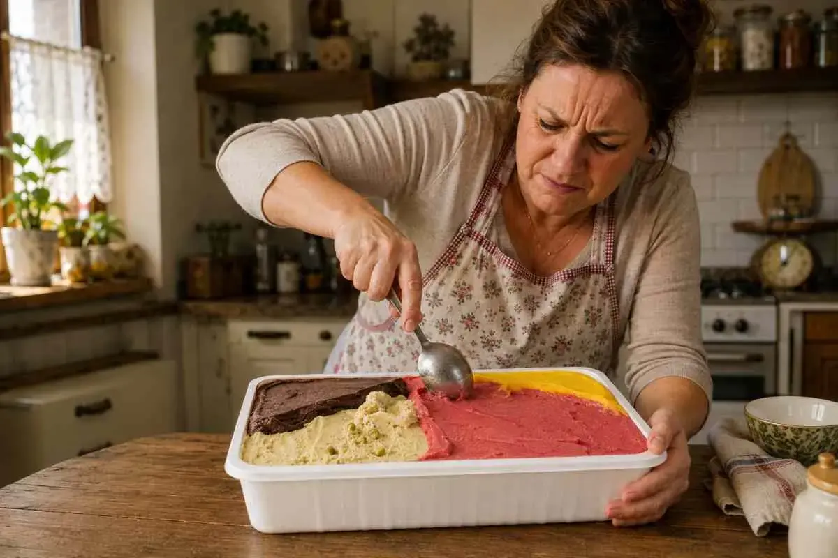 Donna con grembiule serve gelati molli nel freezer, in un contenitore con gusti diversi: cioccolato, pistacchio, fragola e limone.