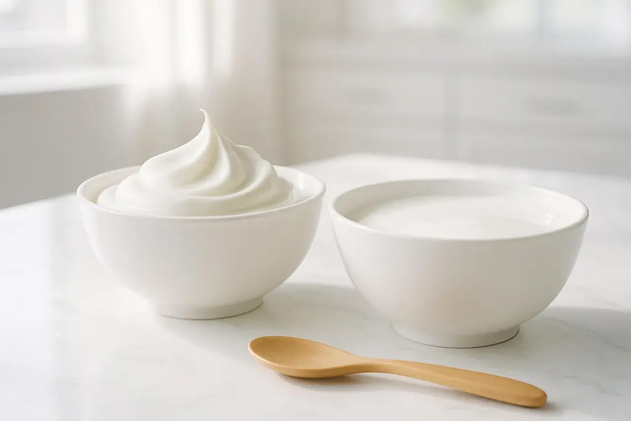 Due ciotole bianche su un tavolo di marmo: una con panna montata, l'altra con yogurt. Perfetto per chi pensa: "Posso sostituire la panna con lo yogurt greco".