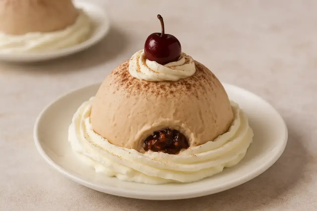 Delizioso spumoni ice cream a forma di cupola, guarnito con panna montata, una ciliegina e spolverata di cacao.
