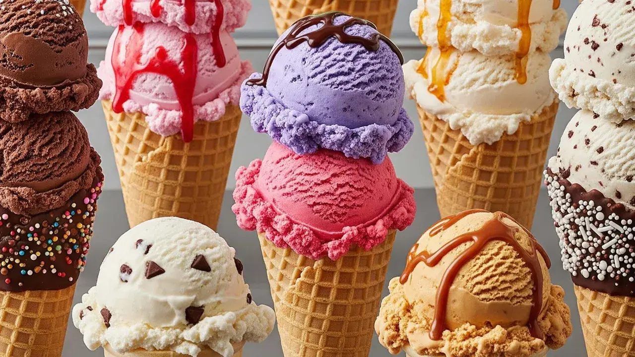Una selezione di coni gelato colorati, tra cui cioccolato, fragola, vaniglia con gocce, caramello e viola. Questi sono alcuni dei gusti di gelato più mangiati.