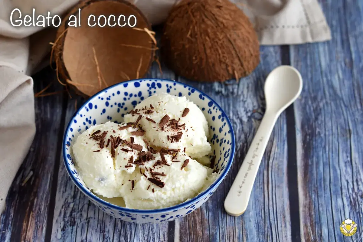 Delizioso gelato al cocco fatto in casa con gelatiera, guarnito con scaglie di cioccolato.